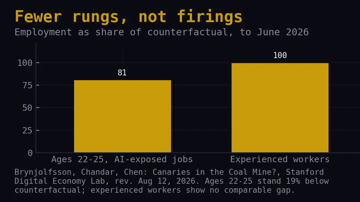 Bar chart: employment as a share of counterfactual for ages 22 to 25 in AI-exposed jobs at 81 percent versus 100 percent for experienced workers.