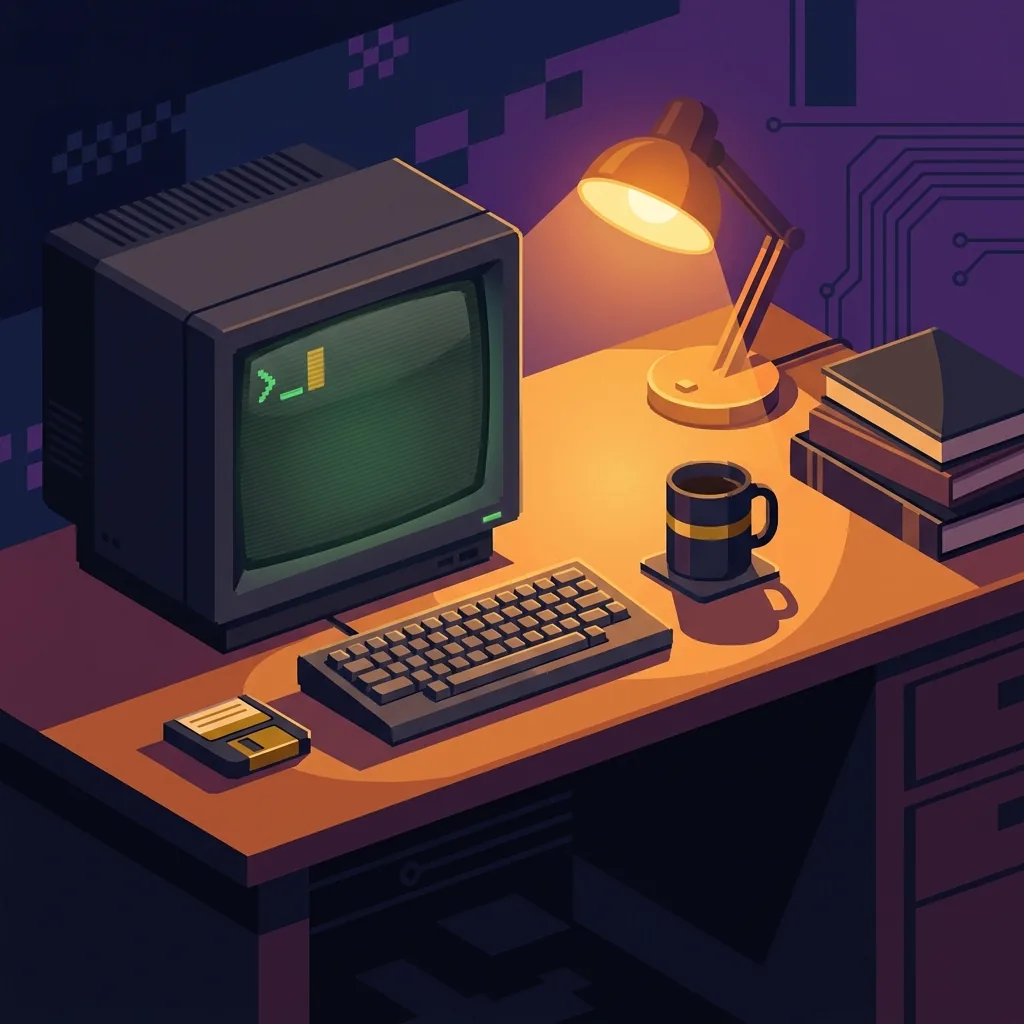 Developer desk with glowing CRT terminal showing green prompt, gold cartridge nearby, warm amber desk lamp, books stacked beside
