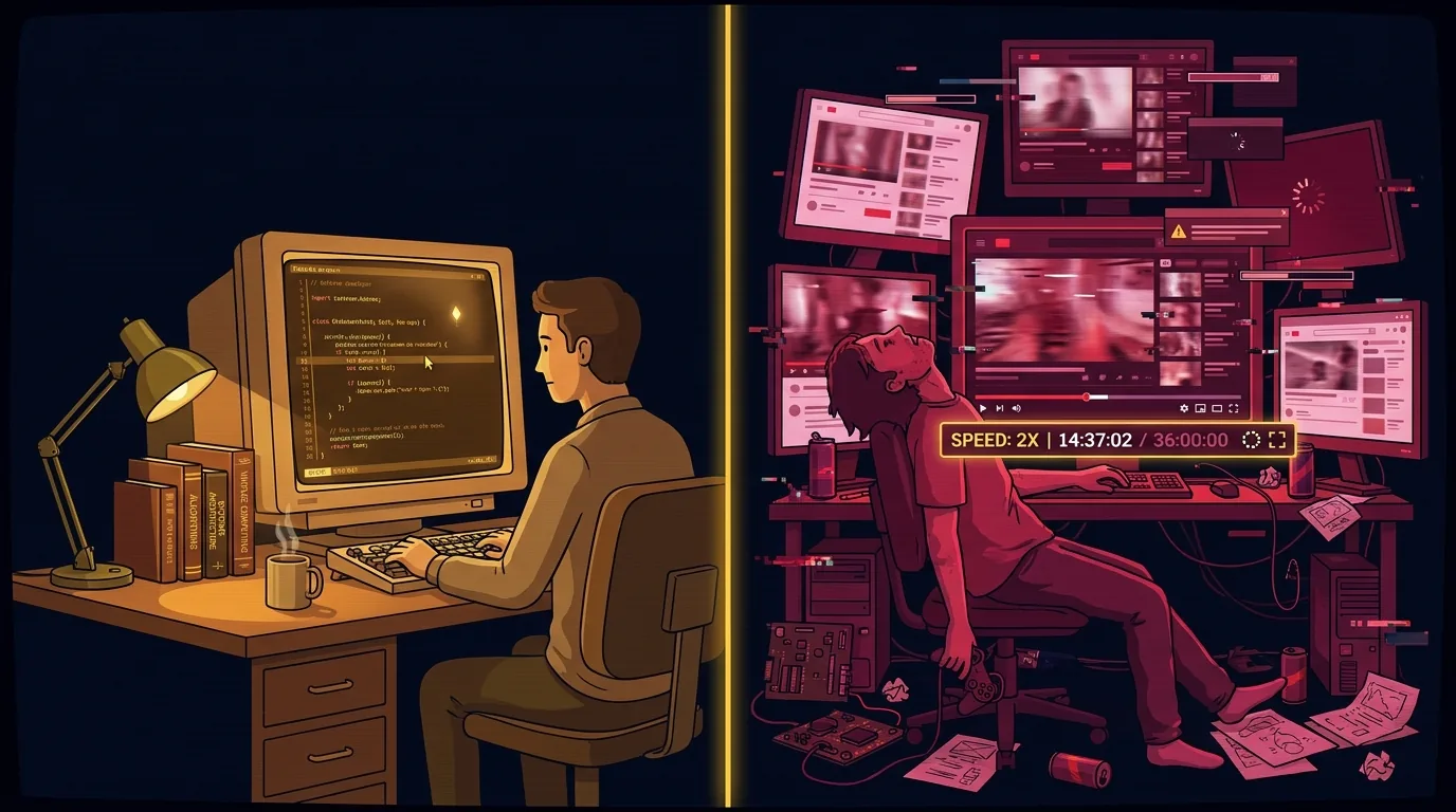 Split illustration: left side shows a developer calmly reading at a terminal under warm golden light; right side shows chaotic video consumption with fast-forward UI under harsh red light